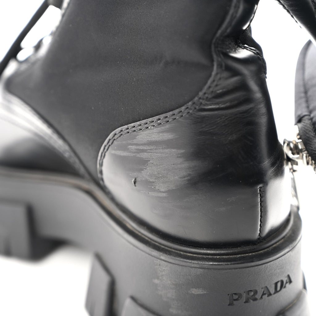 Prada Spazzolato Calfskin Nylon Women's Monolith Pouch Boots 38 Black
