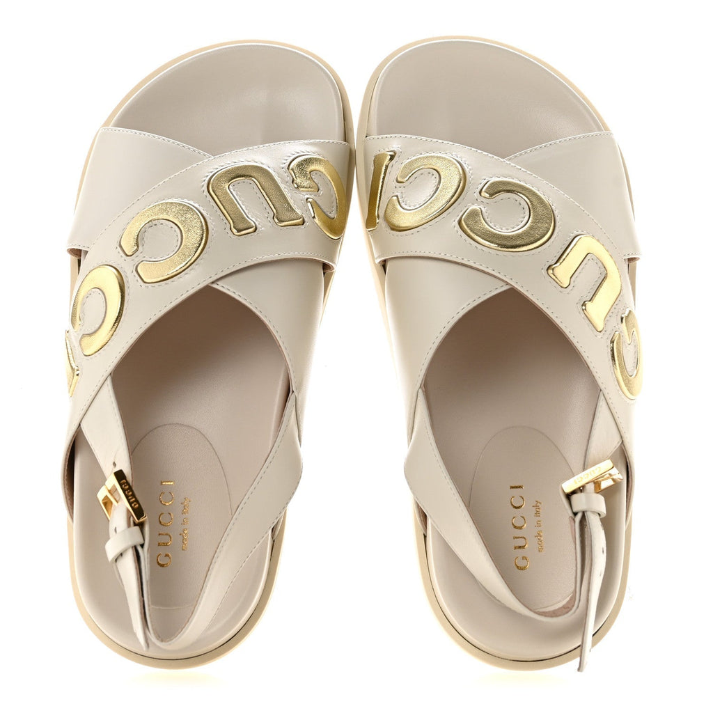 Gucci Calfskin Nappa Women's Charlotte Slingback Sandals 35 Mystic White Platino