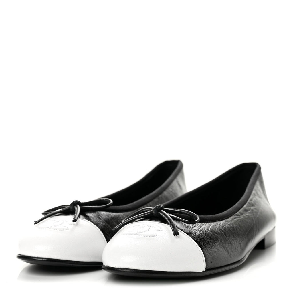 Chanel Crumpled Lambskin CC Cap Toe Women's Ballerina Flats Black White