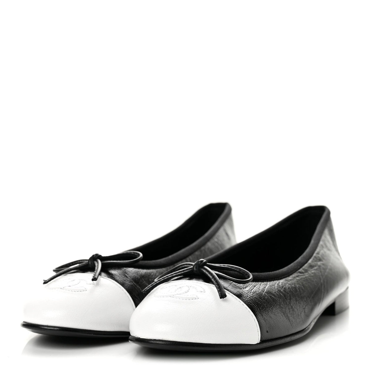 Chanel Crumpled Lambskin CC Cap Toe Women's Ballerina Flats Black White
