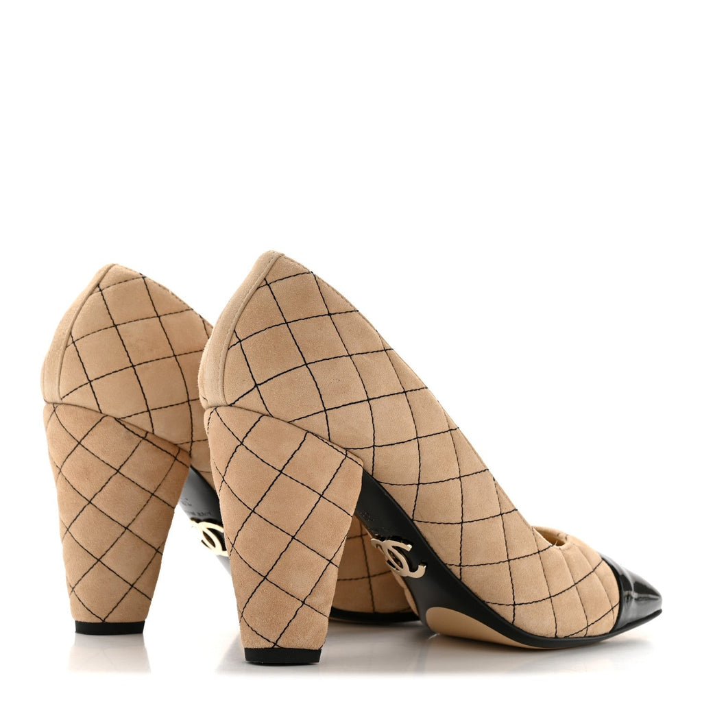 Chanel Suede Patent Women's Quilted CC Cap Toe Pumps 39 Beige Black