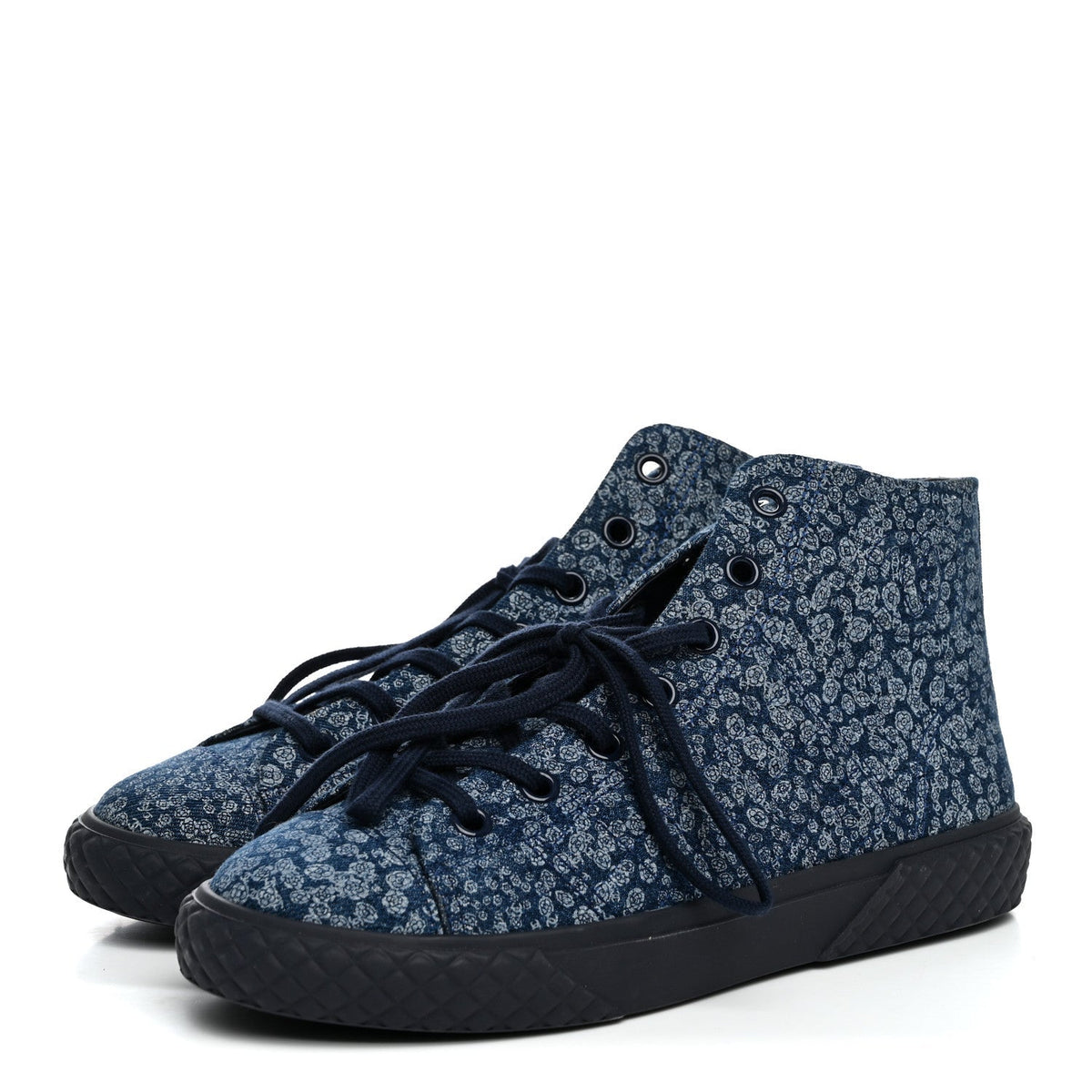 Chanel Printed Denim Women's Quilted High Top Sneakers 41 Dark Blue