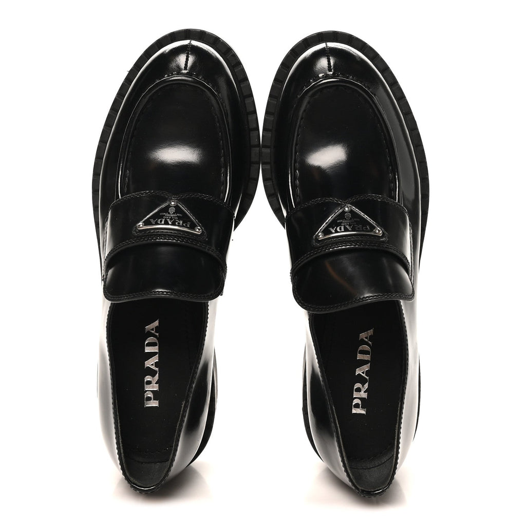 Prada Spazzolato Women's Triangle Logo 50mm Loafers 40 Black