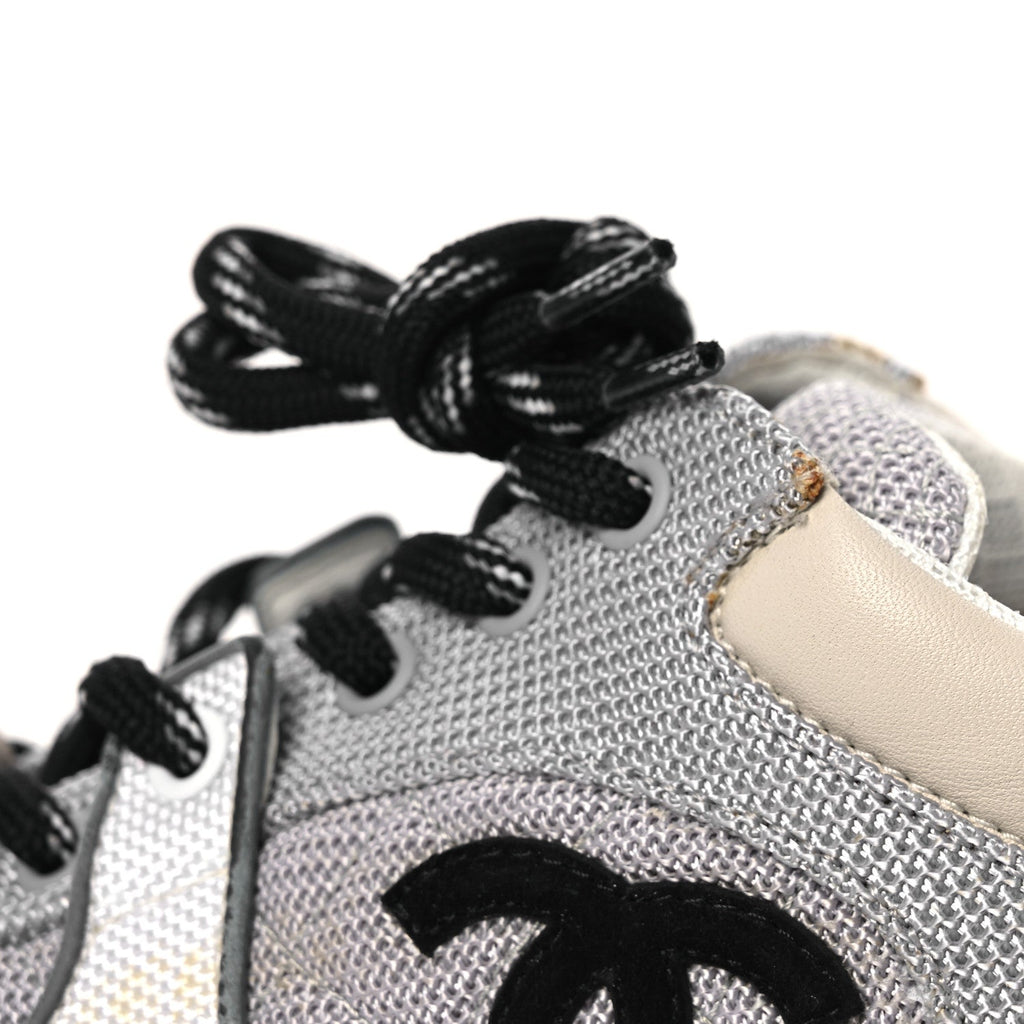 Chanel Mesh Suede Grained Calfskin Women's CC Sneakers 37 Grey White