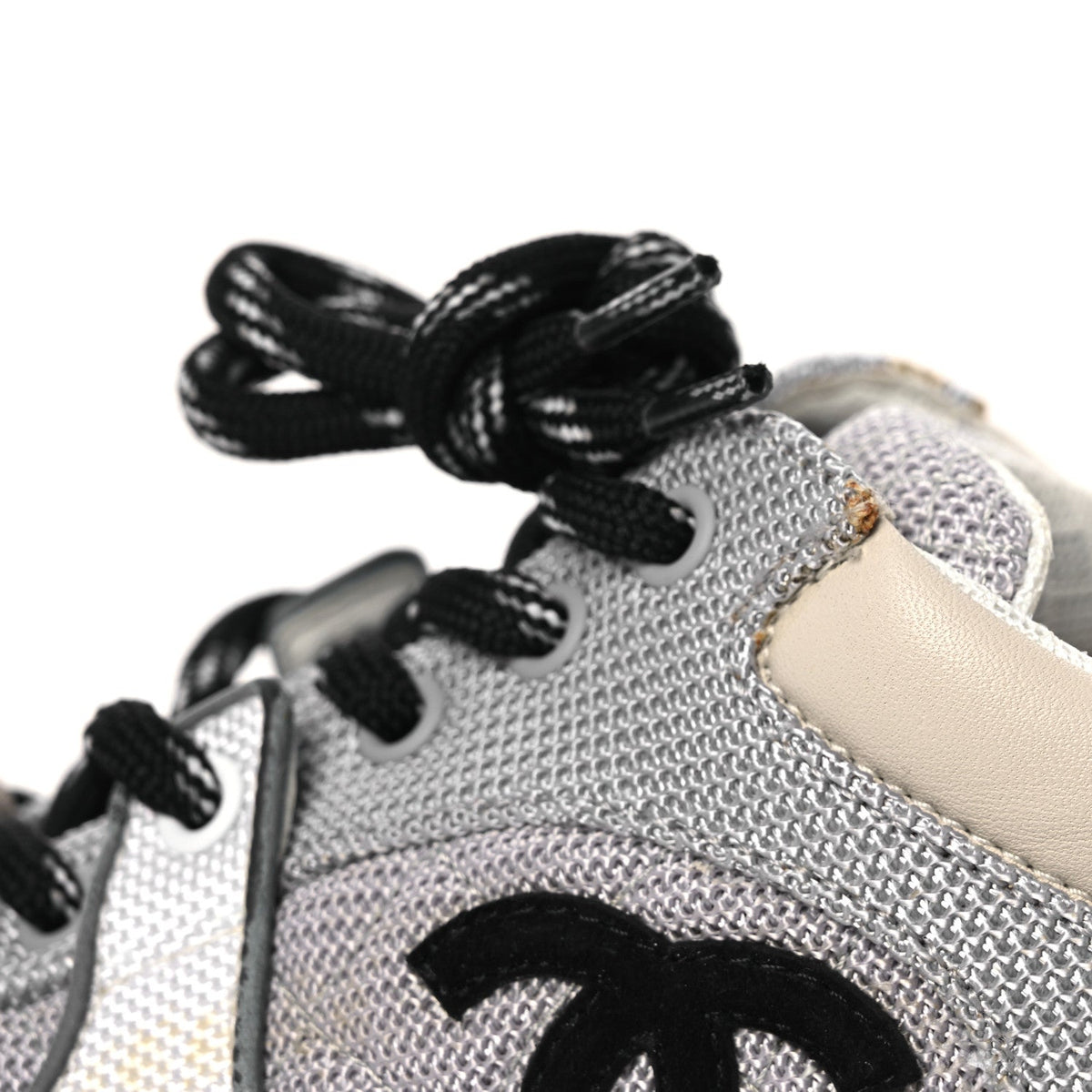 Chanel Mesh Suede Grained Calfskin Women's CC Sneakers 37 Grey White
