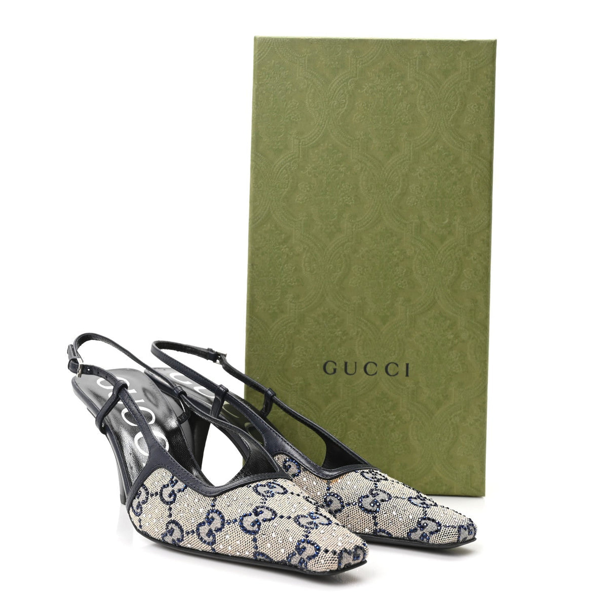 Gucci GG Monogram Malaga Kid Women's Square G Slingback Pumps 36.5 Beige Blue