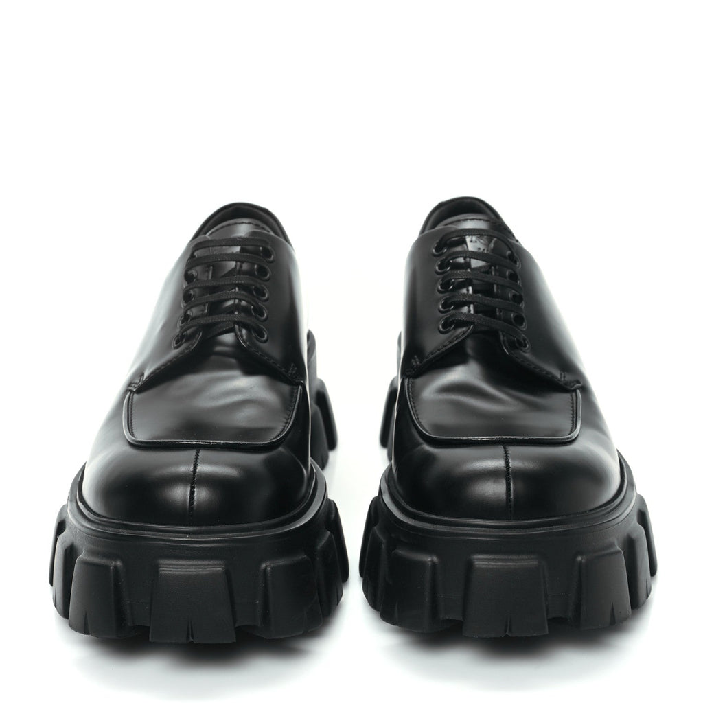 Prada Spazzolato Rois Monolith 55mm Men's Derby Loafers 8 Black