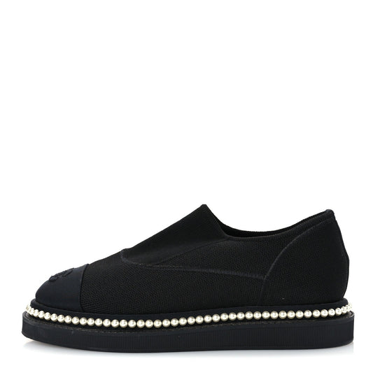 Chanel Stretch Fabric Grosgrain Women's Pearl Cap Toe CC Loafers 35.5 Black