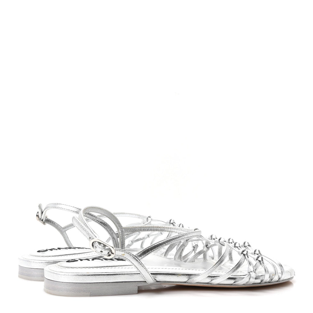 Chanel Laminated Lambskin Women's CC Sandals 36.5 Silver