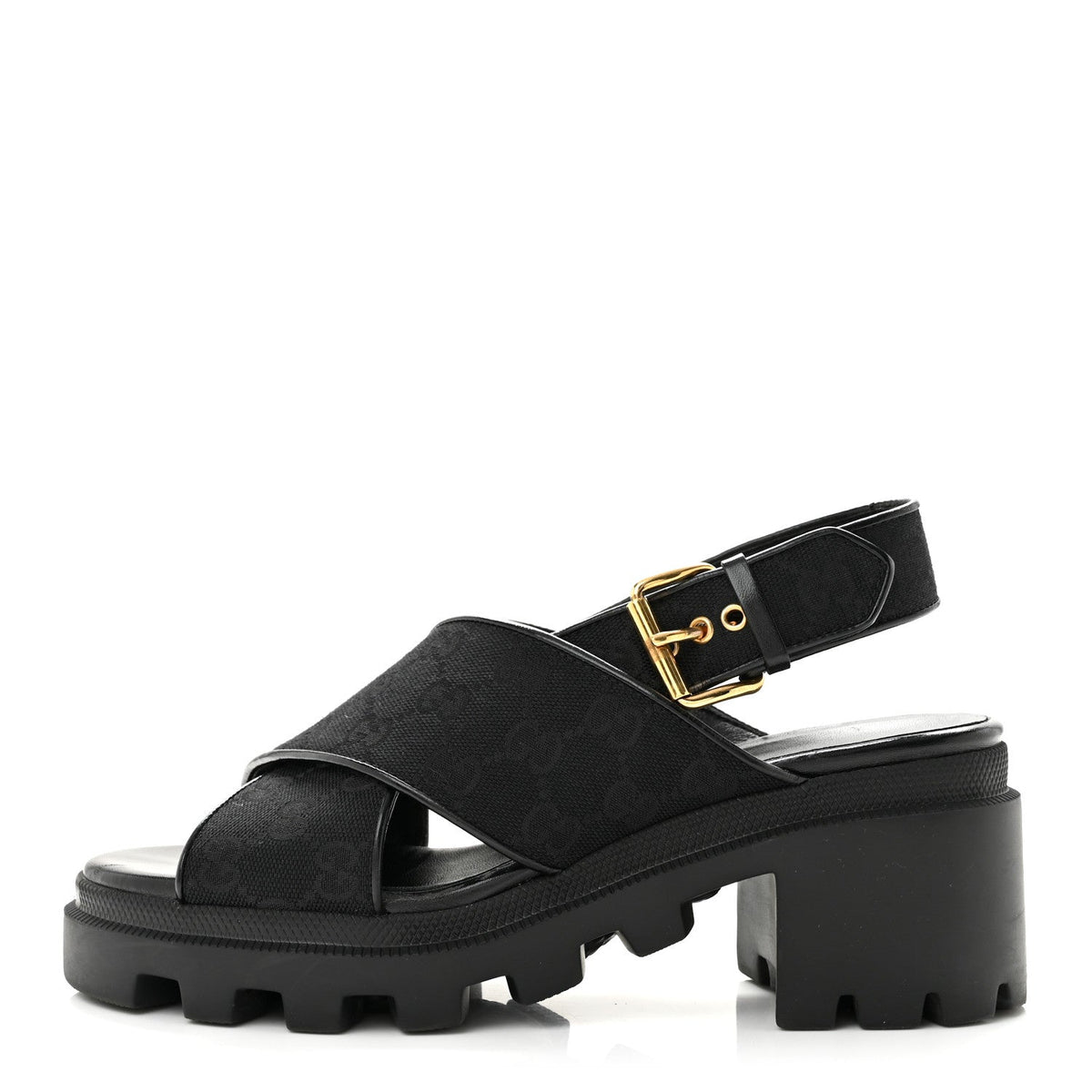 Gucci GG Canvas Women's Monogram Trip Lug Sole Sandals 38.5 Black