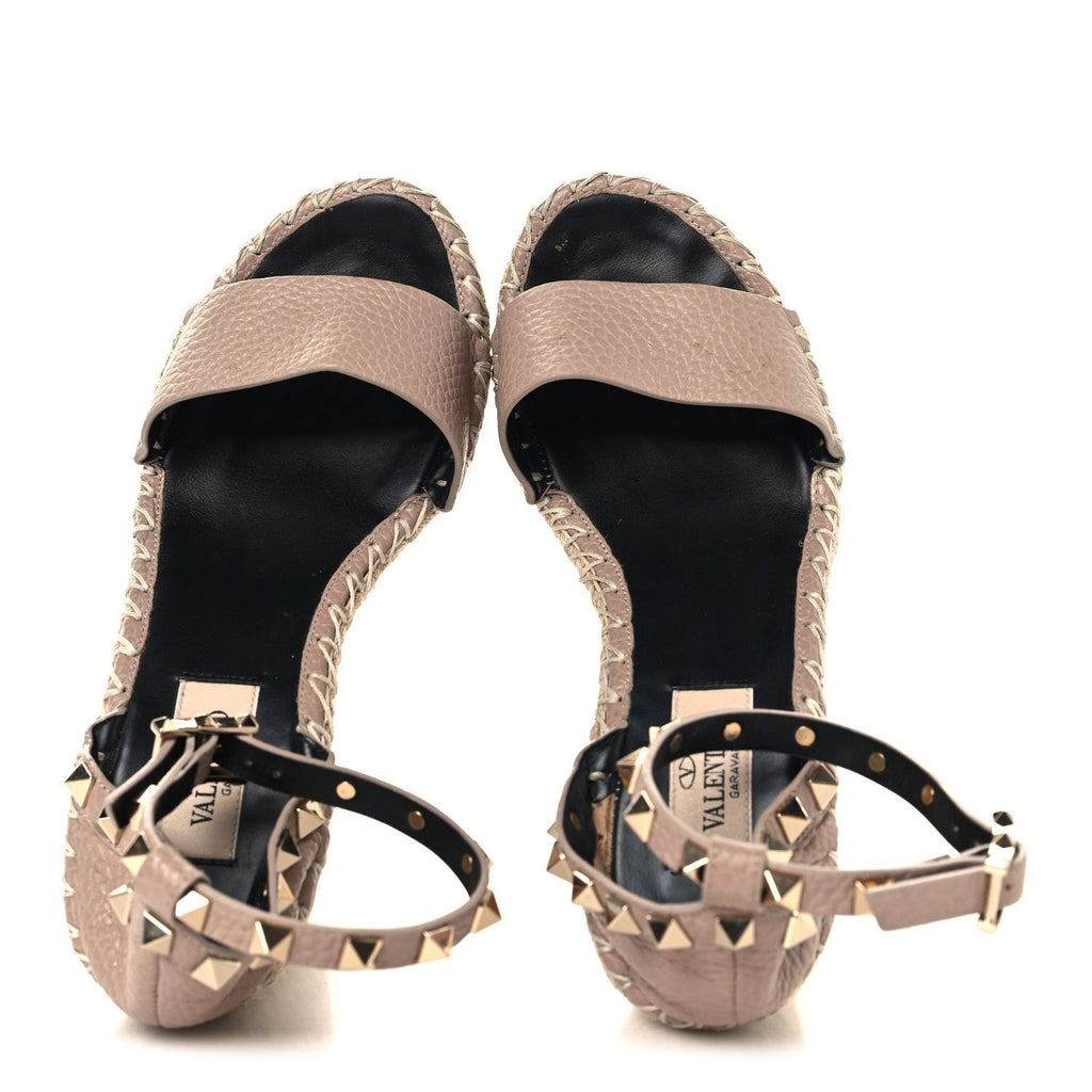 Valentino Garavani Calfskin Women's Rockstud Espadrille Wedge Sandals 35 Poudre Natural