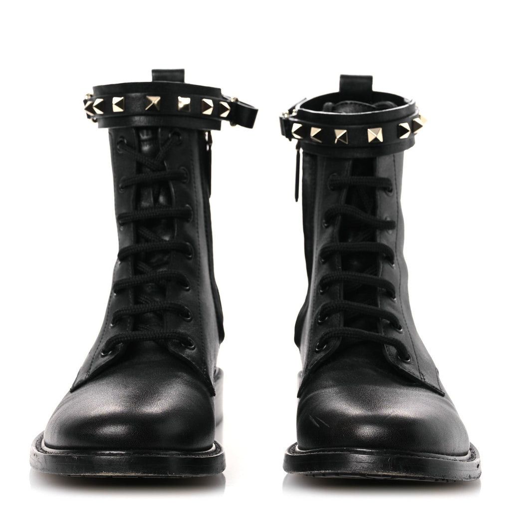 Valentino Garavani Calfskin Women's Rockstud Combat Ankle Boots 37 Black