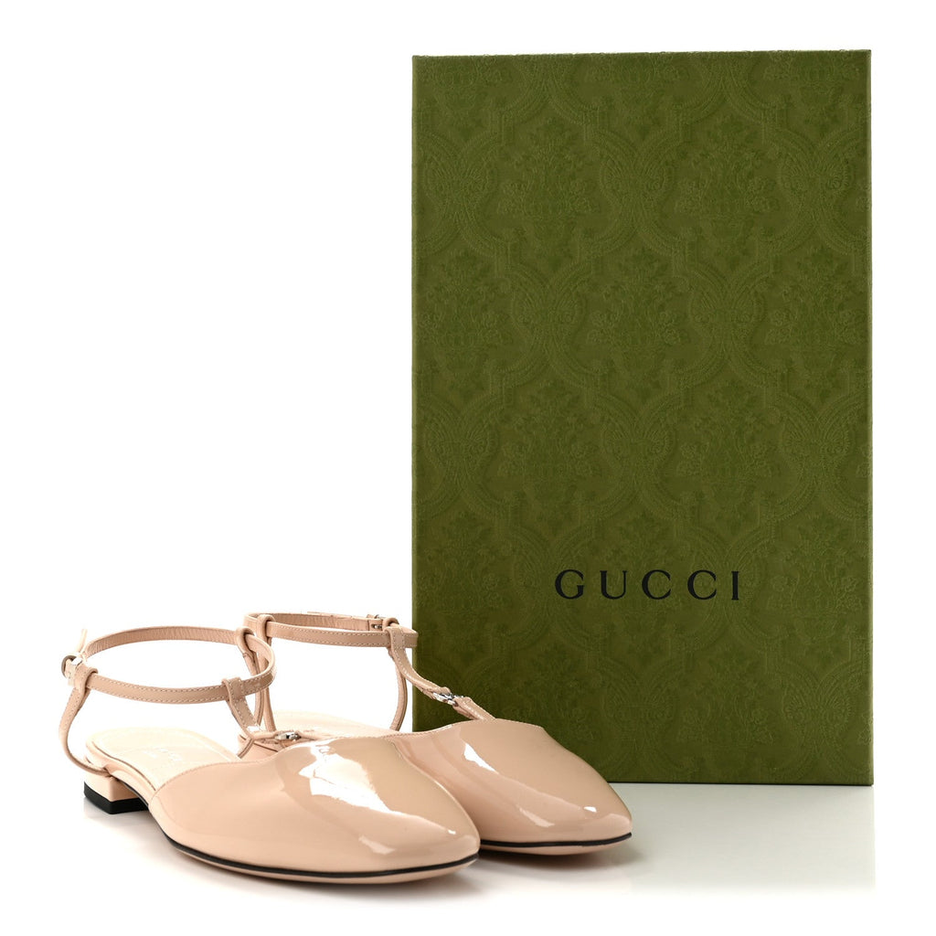 Gucci Patent Calfskin Women's Charlotte Petite GG Slingback Flats 36.5 Beige
