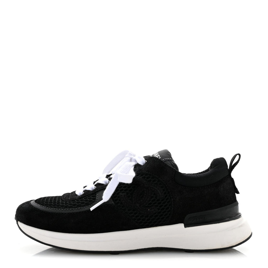 Chanel Calfskin Mesh Lycra Suede Women's Logo Sneakers 36 Black