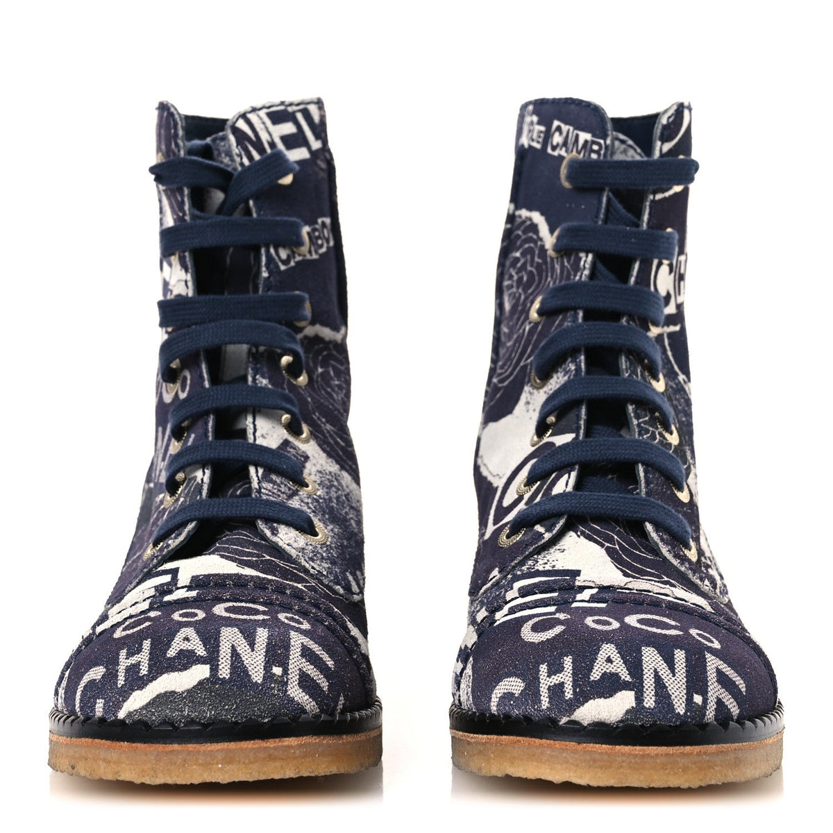 Chanel Suede Calfskin Women's CC 31 Rue Cambon Combat Boots 39.5 White Navy