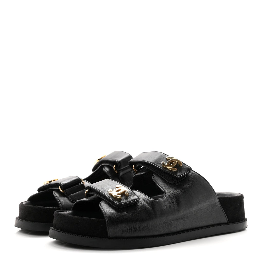 Chanel Lambskin Velcro Dad Chain CC Women's Slide Sandals Black