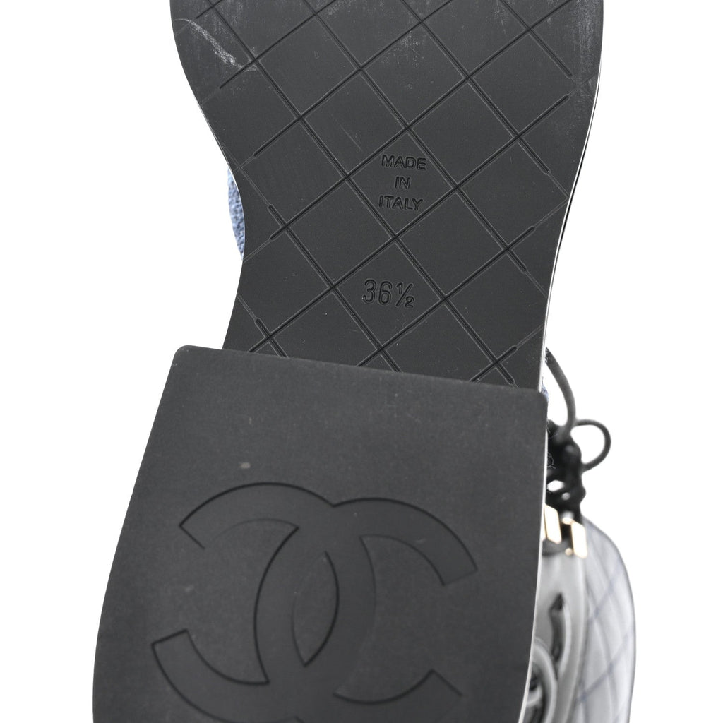 Chanel Fabric Patent Lambskin Women's Quilted CC Lace Up Combat Boots 36.5 Navy Blue Black