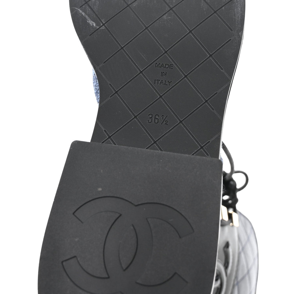 Chanel Fabric Patent Lambskin Women's Quilted CC Lace Up Combat Boots 36.5 Navy Blue Black