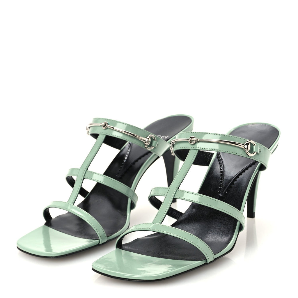 Gucci Calfskin Women's Regent Horsebit Mid Heel Sandals 38.5 Pacific Green