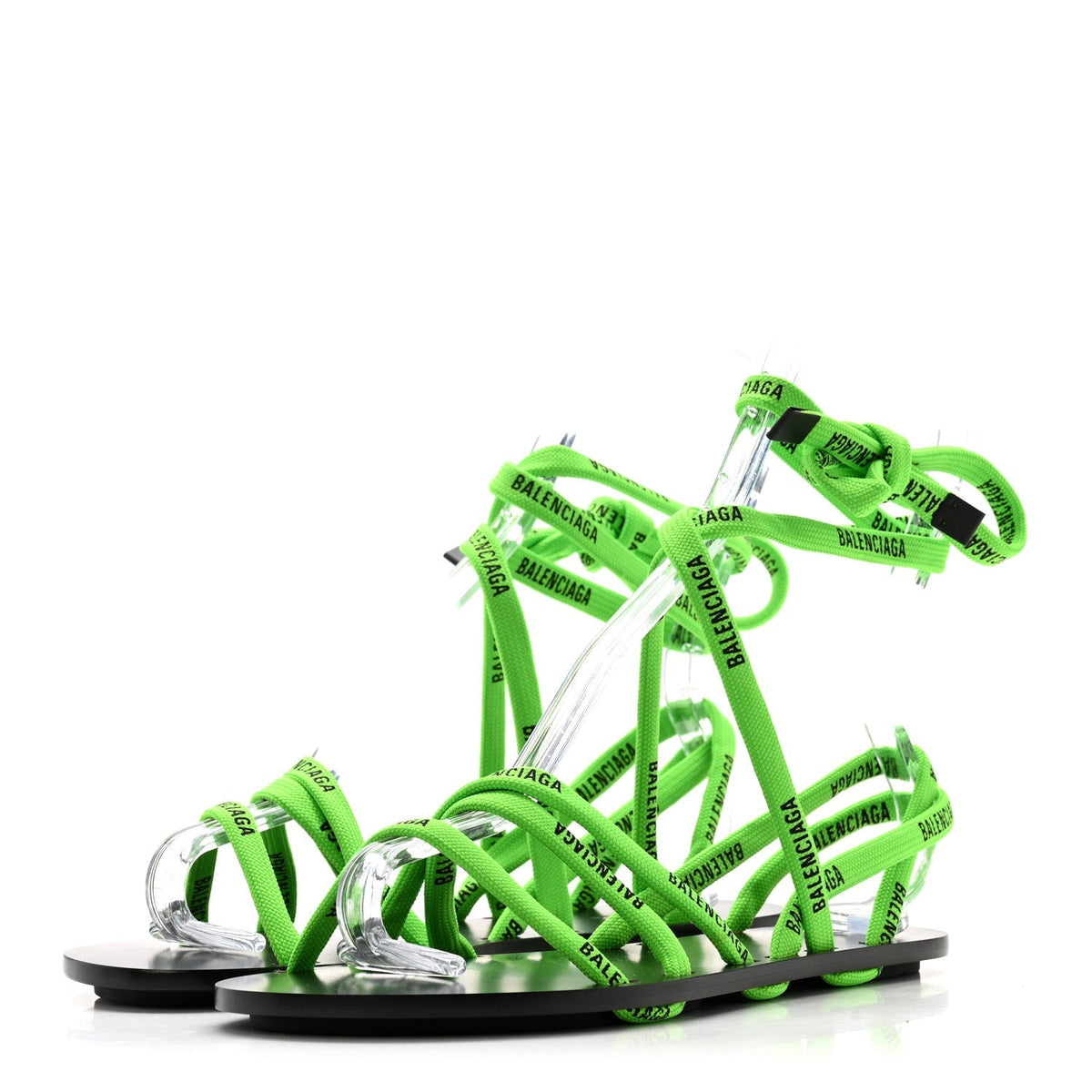 Balenciaga Nylon Calfskin Women's Logo Lace Flat Sandals 37 Neon Green