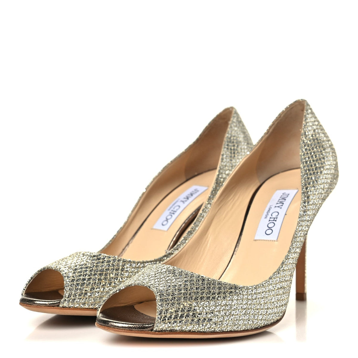 Jimmy Choo Glitter Fabric Women's Evelyn Peep Toe Pumps 40.5 Champagne