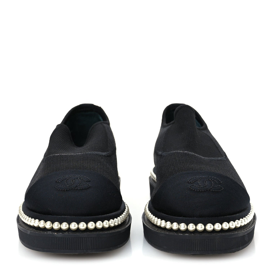Chanel Stretch Fabric Grosgrain Women's Pearl Cap Toe CC Loafers 35.5 Black