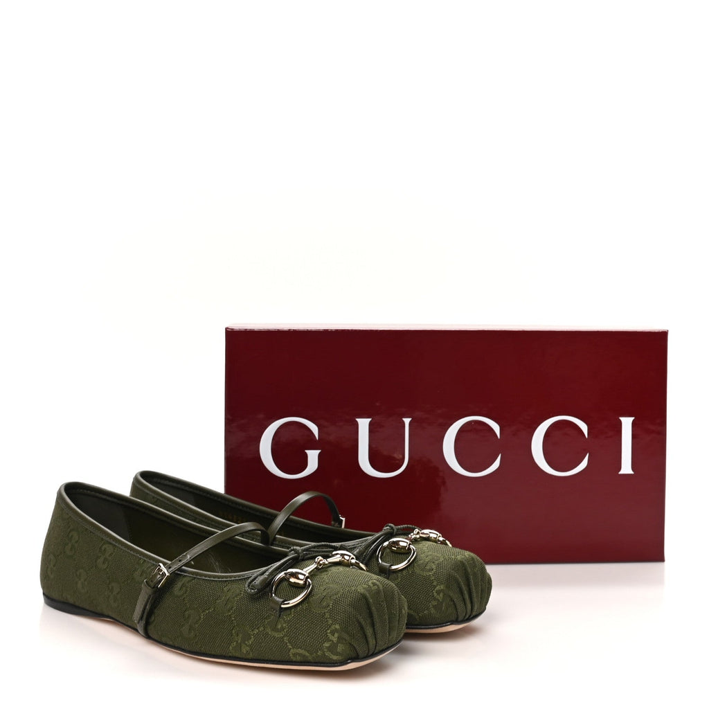 Gucci GG Canvas Women's Monogram Horsebit Bow Ballet Flats 39 Green
