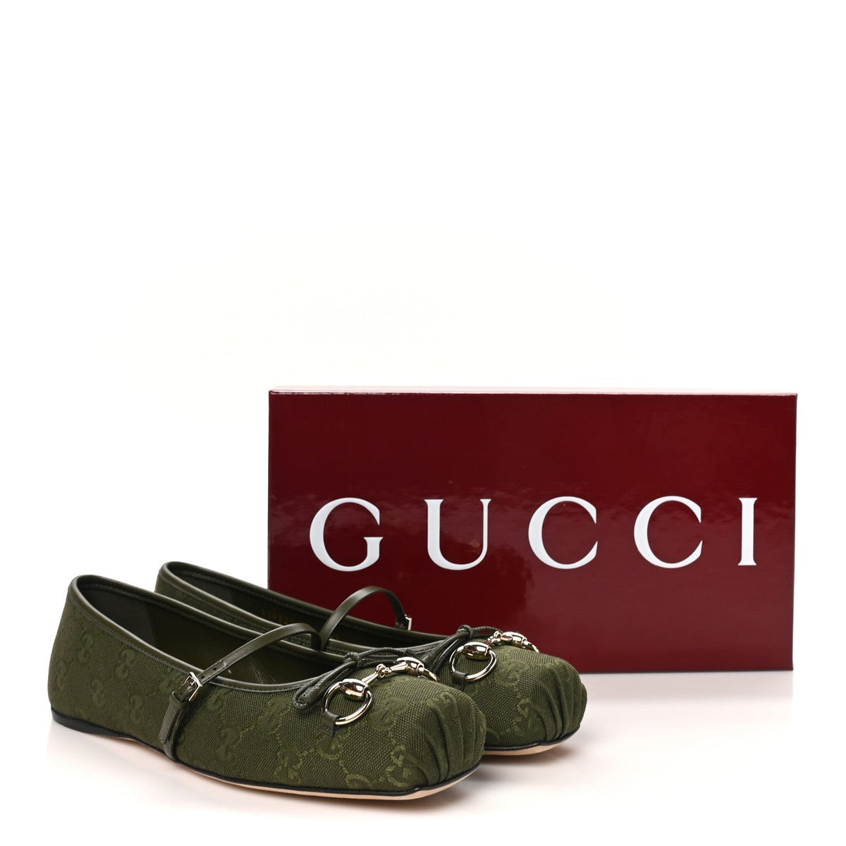 Gucci GG Canvas Women's Monogram Horsebit Bow Ballet Flats 39 Green
