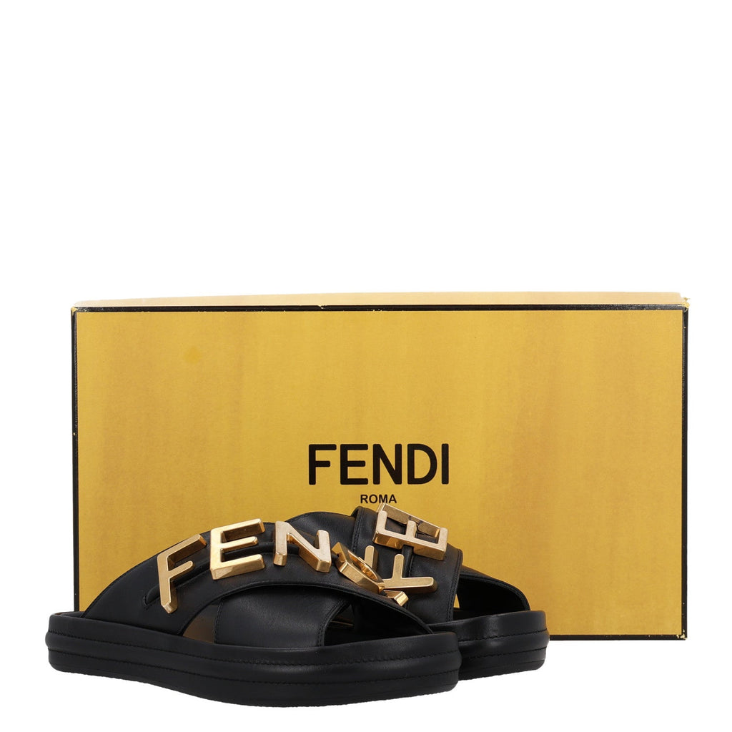 Fendi Vitello Women's Fendigraphy Slide Sandals 36 Black