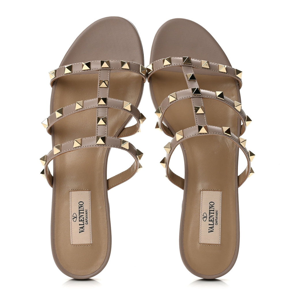 Valentino Garavani Calfskin Women's Rockstud Caged Flat Slide Sandals 37 Poudre