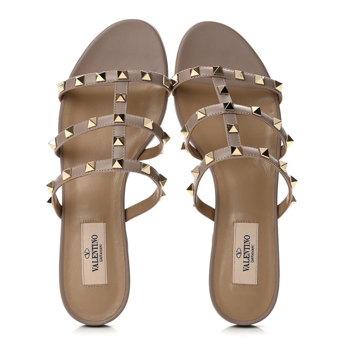 Valentino Garavani Calfskin Women's Rockstud Caged Flat Slide Sandals 37 Poudre