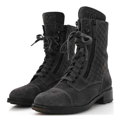 Chanel Suede Women's Quilted CC Tall Lace Up Combat Boots 38 Grey