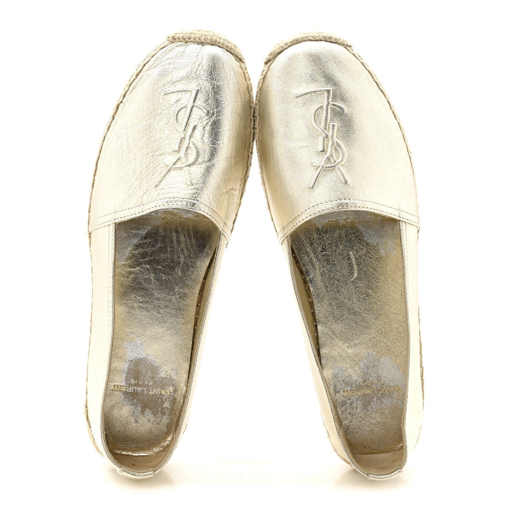 Saint Laurent Metallic Lambskin Women's Monogram Espadrilles 38 Platino