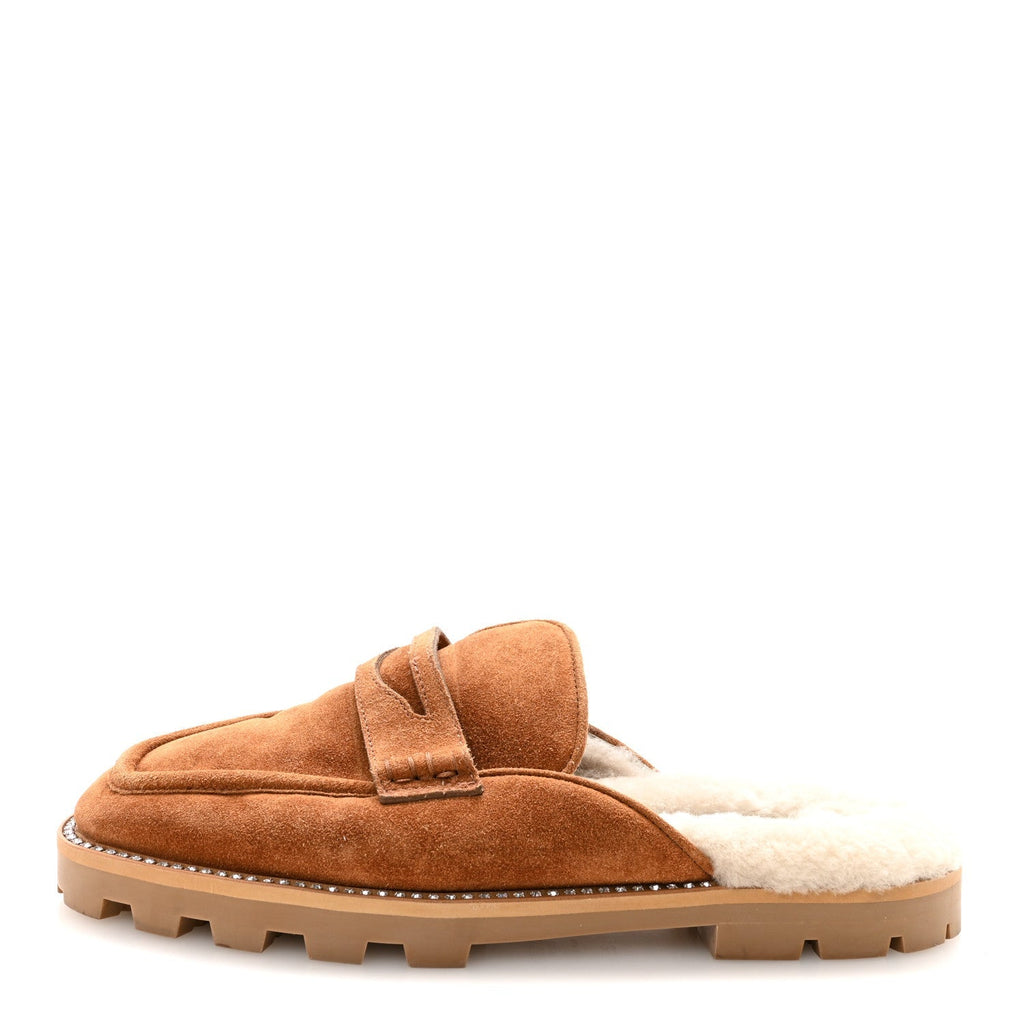Jimmy Choo Suede Shearling Women's Ronnie Flat Mules 39.5 Tan Natural