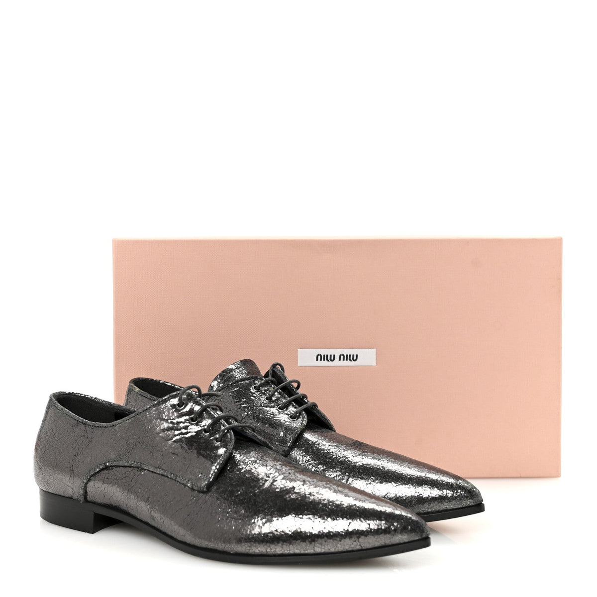 Miu Miu Crinkled Patent Women's Lace Up Oxford Flats 37.5 Dark Silver