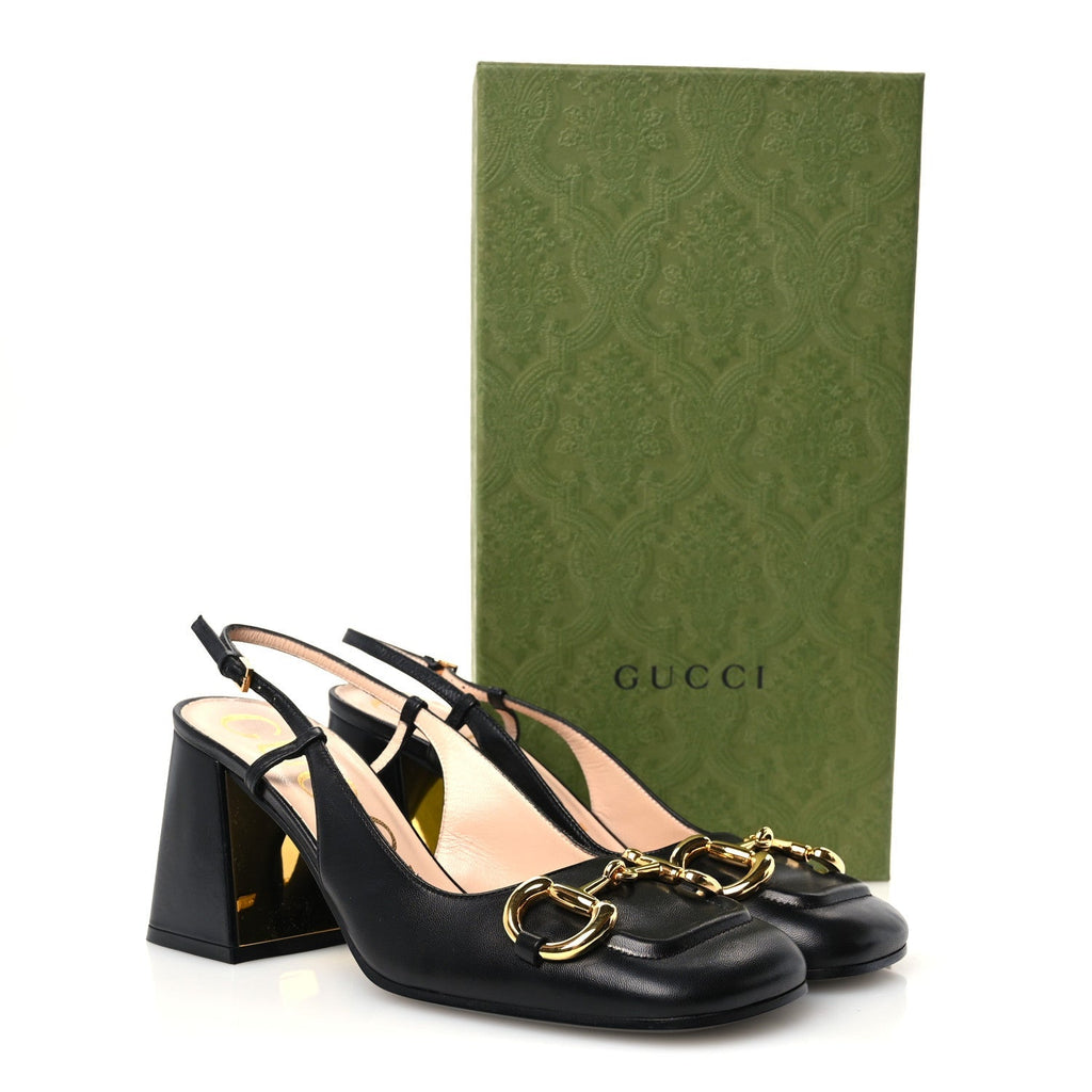 Gucci Malaga Kid Horsebit Women's 75mm Slingback Pumps 37 Black
