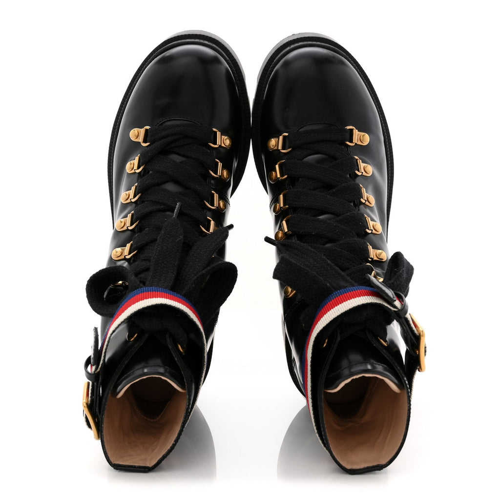 Gucci Calfskin Sylvie Web Women's Lace Up Combat Boots 38 Black