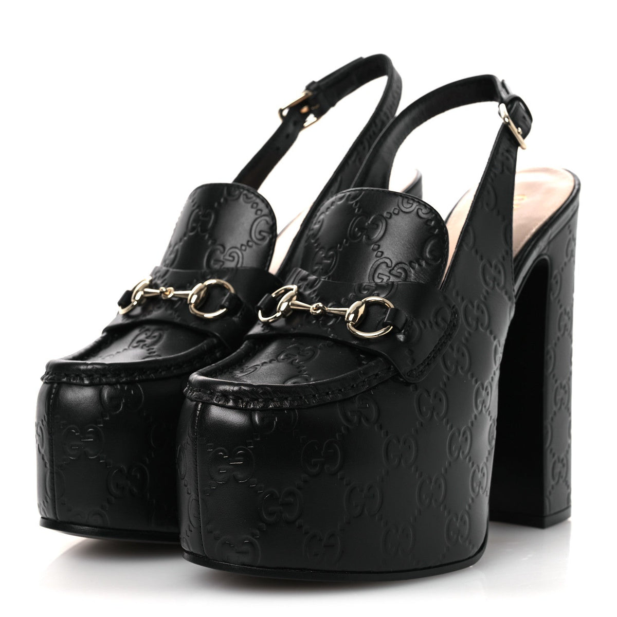 Gucci Leather Horsebit Women's Platform Slingback Mules 38.5 Black