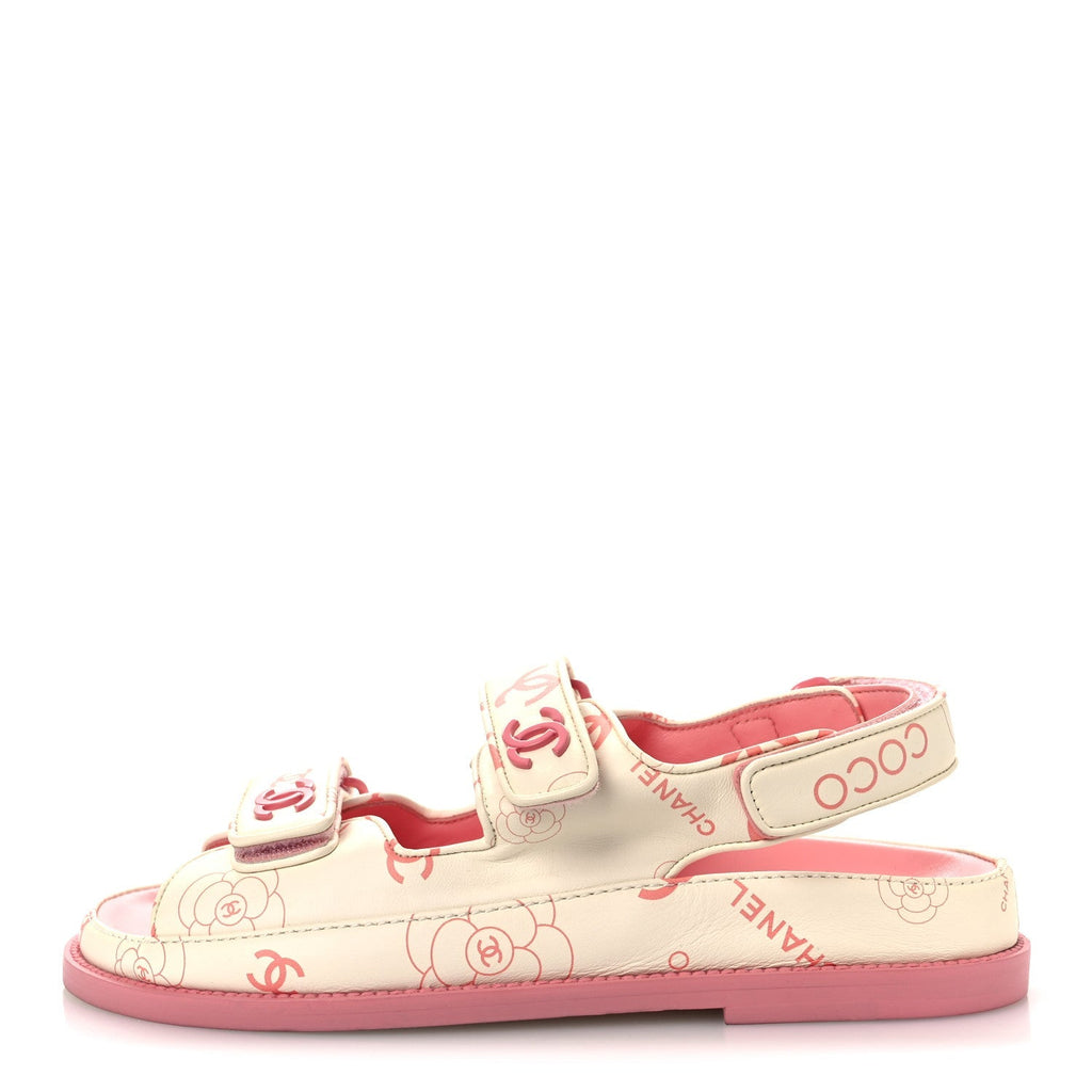 Chanel Lambskin Women's Printed CC Velcro Dad Sandals 37 White Pink