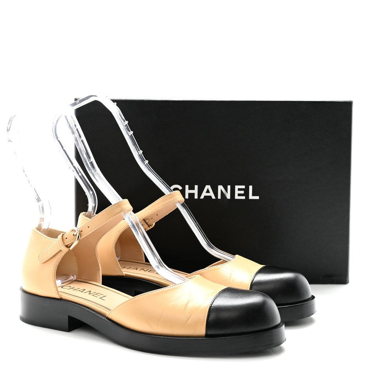 Chanel Shiny Goatskin Women's Mary Jane Flats 38.5 Beige Black
