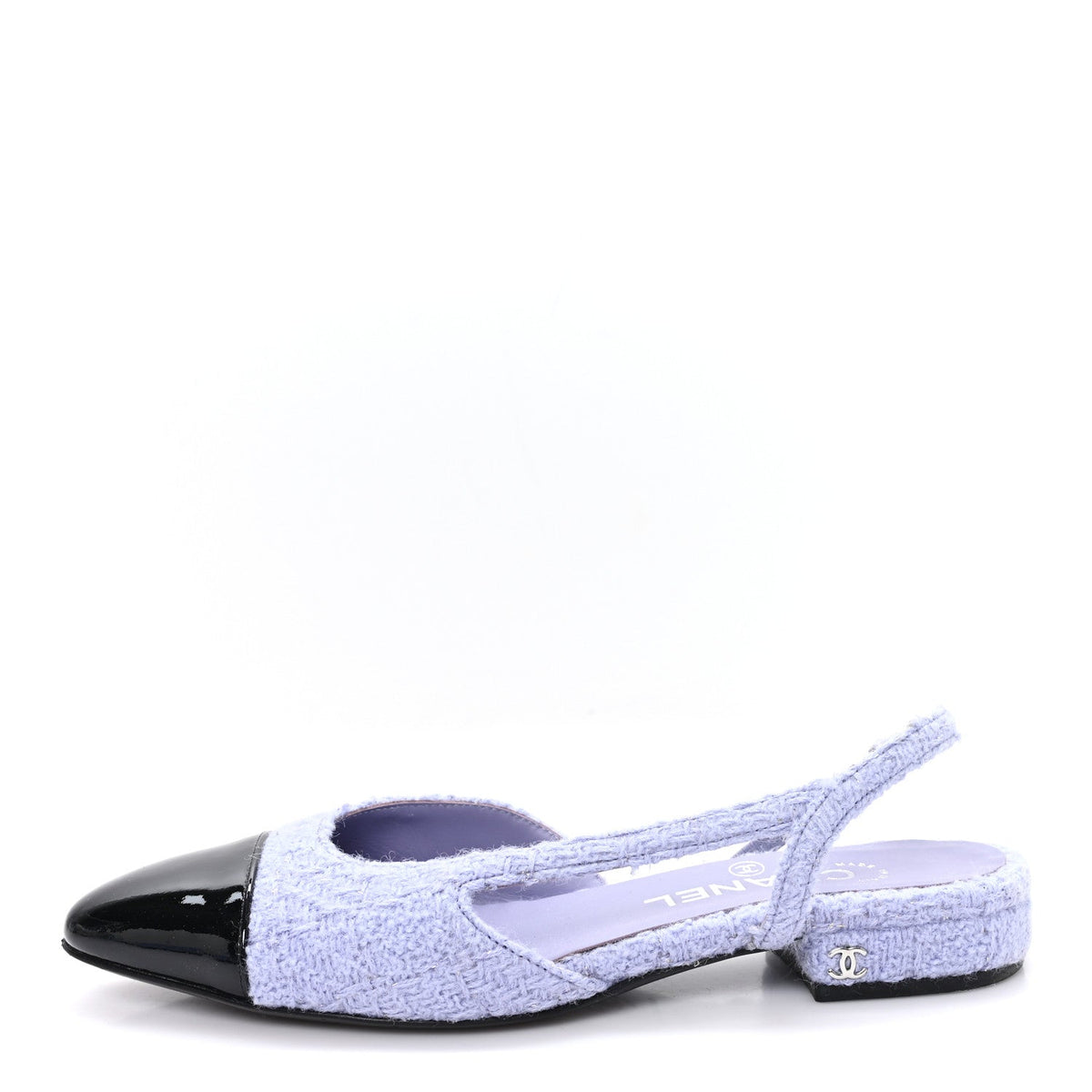 Iridescent Wool Tweed Patent Cap Toe CC Slingback Flats Light Purple S