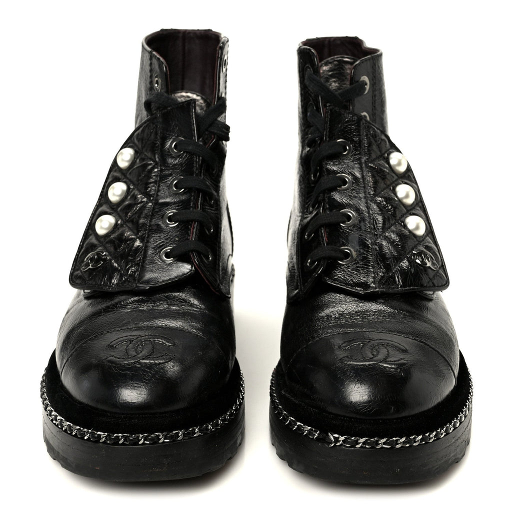 Chanel Crackled Calfskin Velvet Pearl Women's Combat Short Boots 36 Black