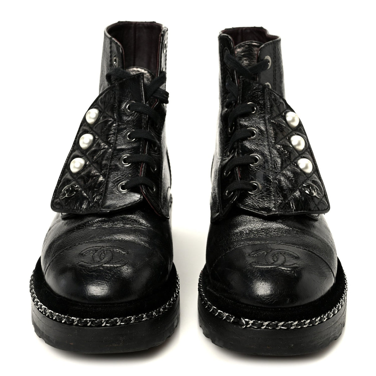 Chanel Crackled Calfskin Velvet Pearl Women's Combat Short Boots 36 Black