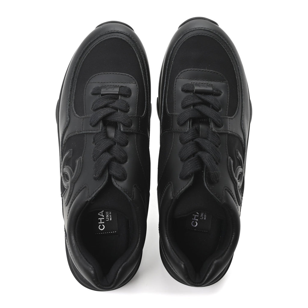 Chanel Lambskin Fabric Women's CC Uniform Sneakers 38.5 Black