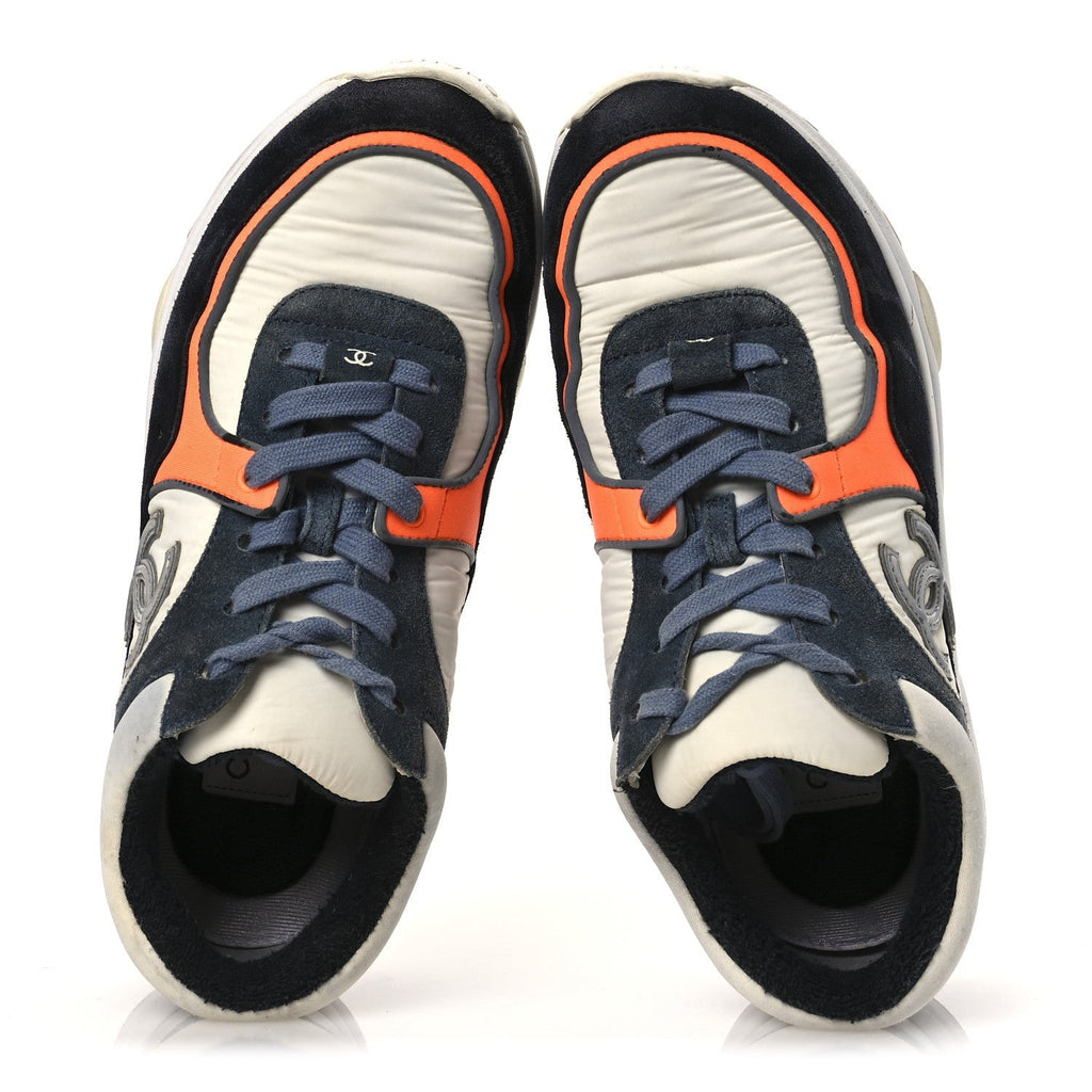 Chanel Nylon Calfskin Suede Women's CC Sneakers 35.5 Navy White Orange Black