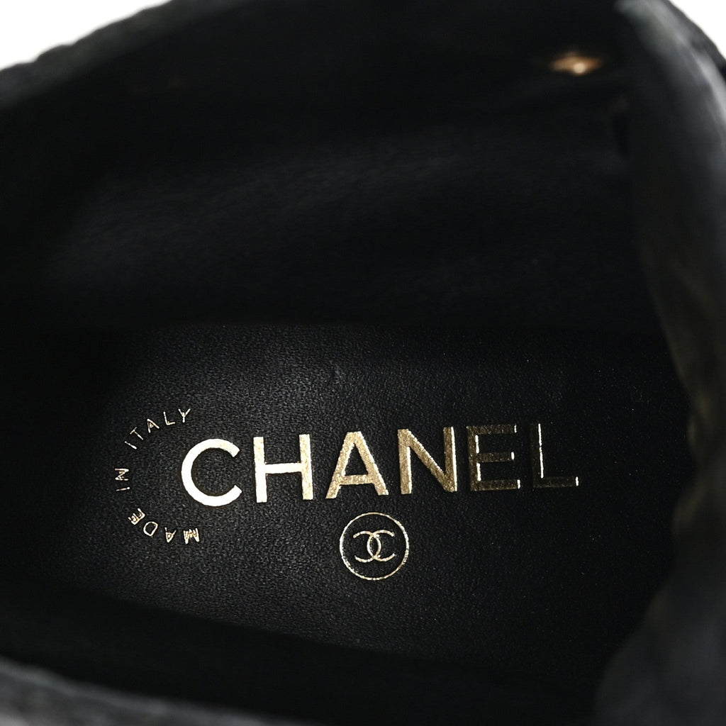 Chanel Shiny Calfskin Velvet Women's Pearl Combat Short Boots 37.5 Black