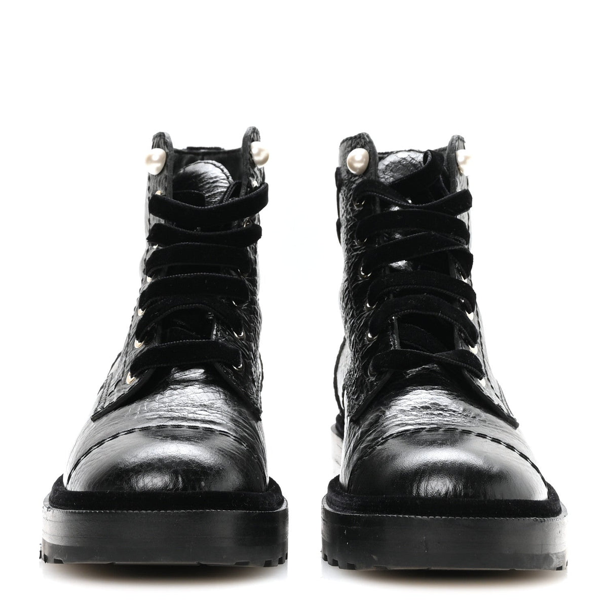 Chanel Shiny Calfskin Velvet Women's Combat Short Boots 37.5 Black