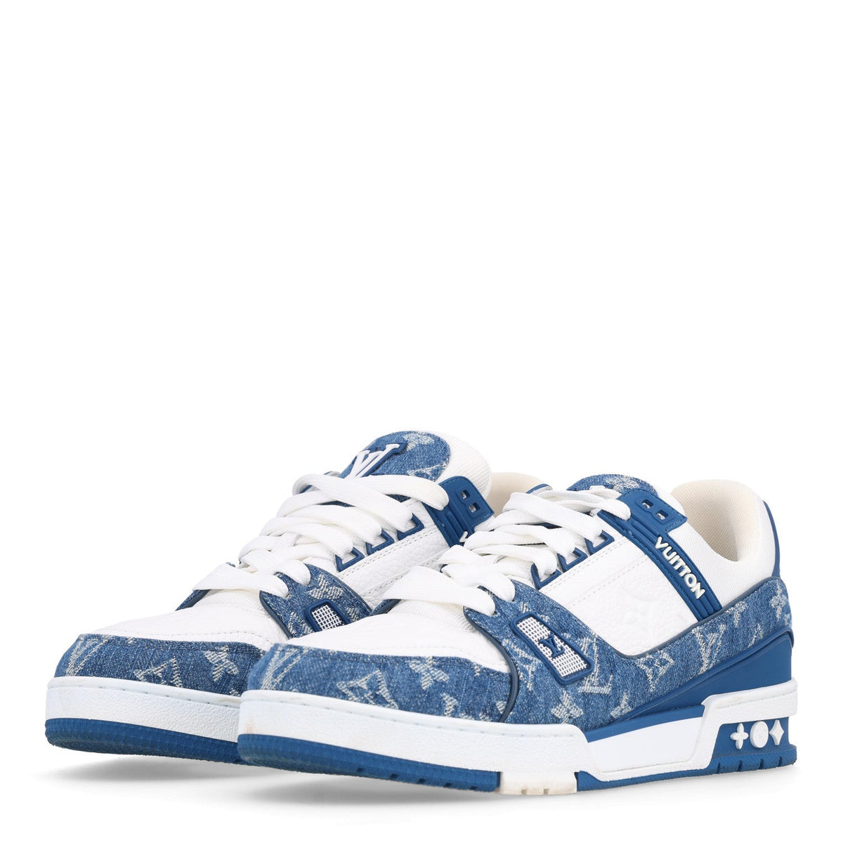 Louis Vuitton Monogram Denim Calfskin Women's LV Trainer Sneakers 40 Blue