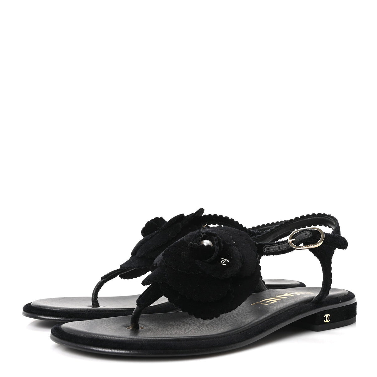 Chanel Velvet Pearl Camellia Women's Thong Sandals 37.5 Black