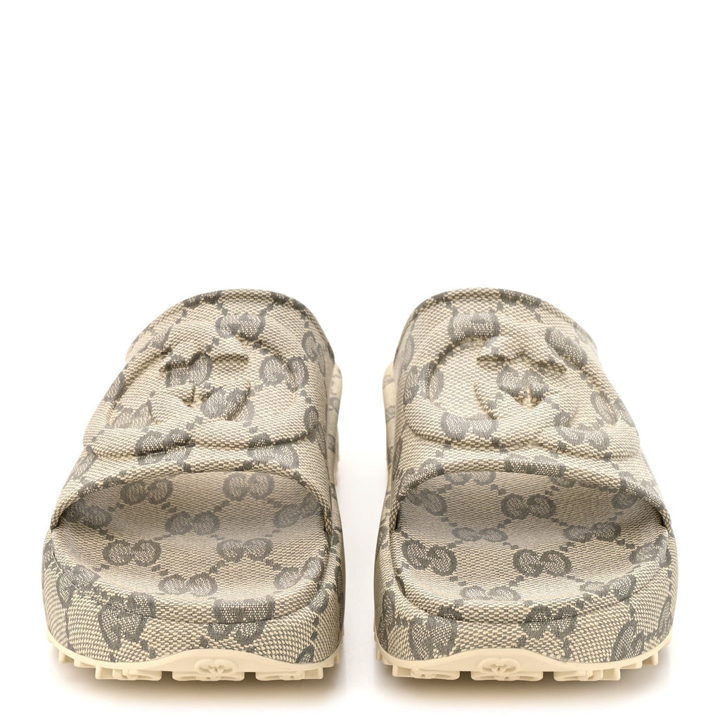 Gucci Canvas Rubber Men's Interlocking G Platform 42mm Slide Sandals 10 Beige Ebony